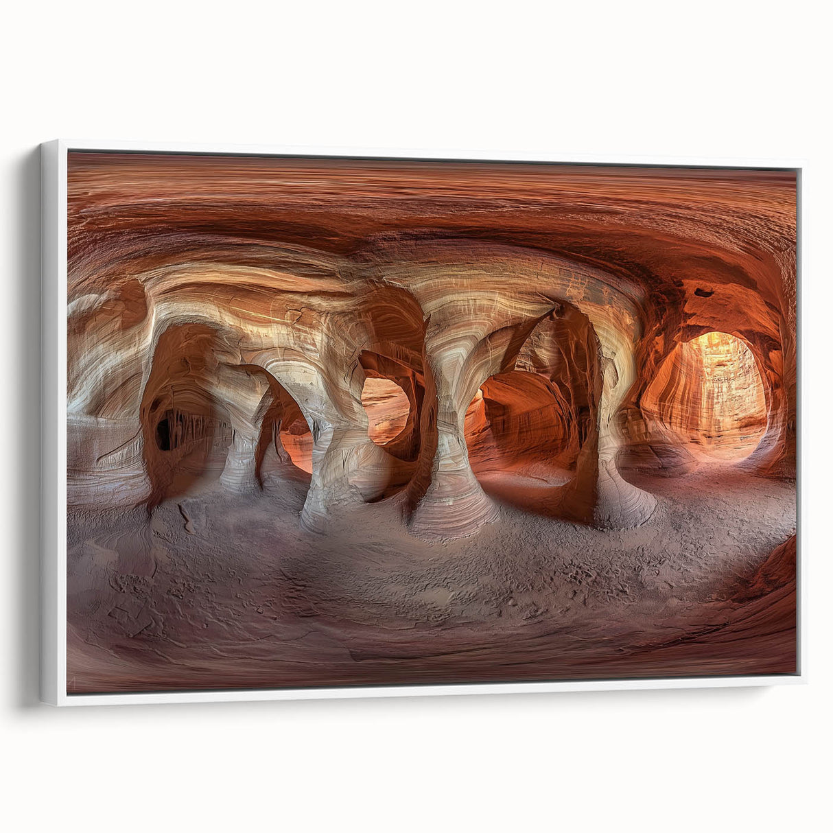 Framed canvas artwork depicting a serene landscape with caves, featuring earthy tones and intricate details, showcased from a white side view for a modern aesthetic.