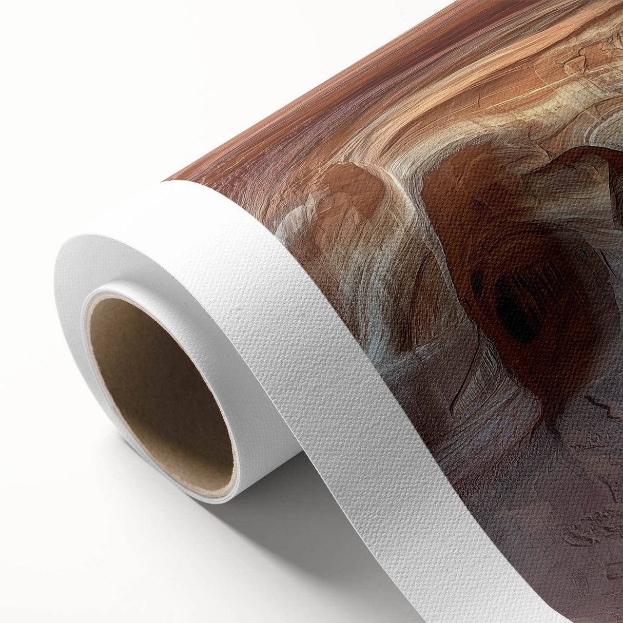 Rolled canvas showcasing a serene landscape of caves, featuring rich earth tones and intricate textures, elegantly packaged in a protective cardboard tube for safe delivery.