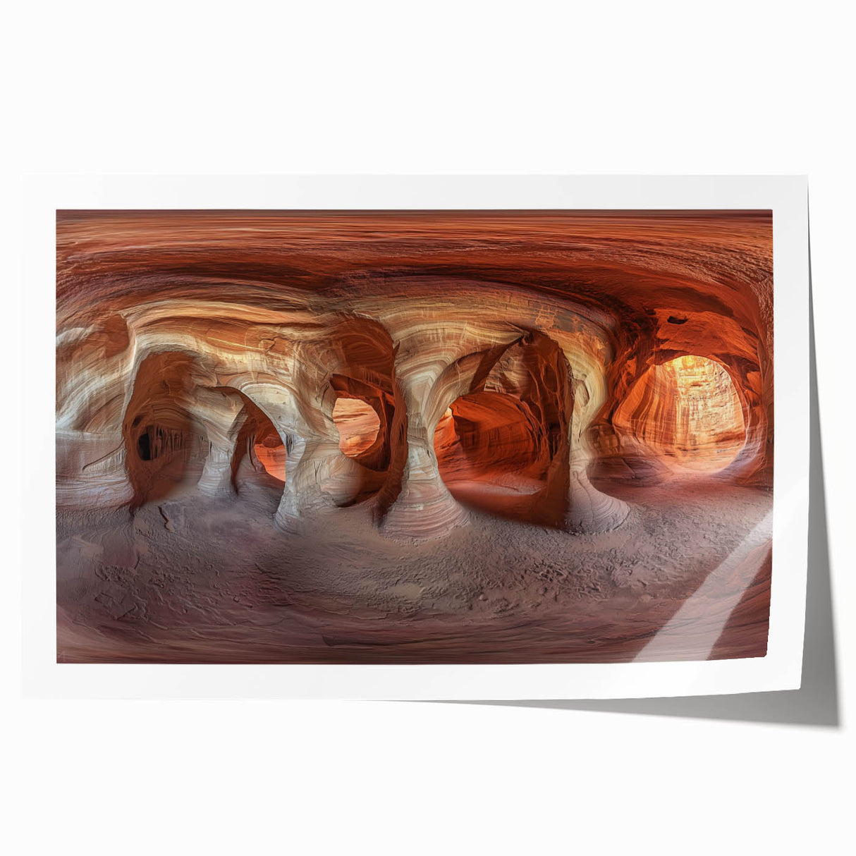 Stunning landscape print showcasing intricate cave formations with earthy tones, rolled for easy transport and ideal for home decor, enhancing any space.