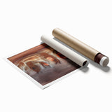 A rolled print showcasing a stunning landscape of caves with intricate details and vibrant colors, elegantly packaged in a protective cardboard tube for safe delivery.