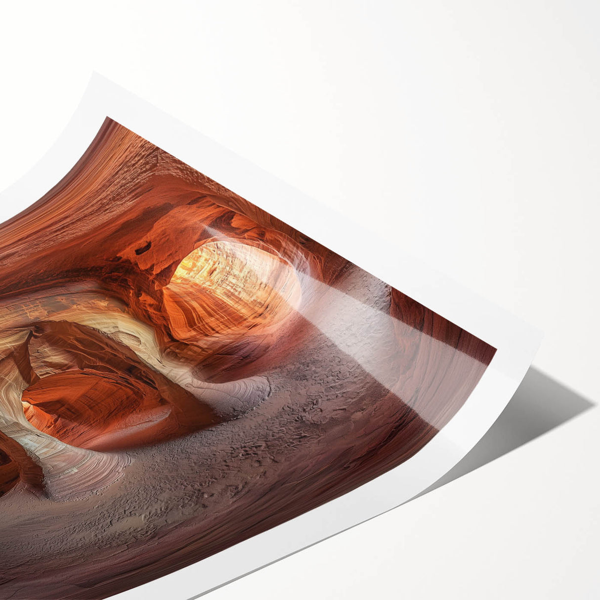 A stunning rolled print showcasing a vibrant landscape featuring intricate cave formations, rich earthy tones, and natural textures, ideal for home decor and artistic displays.