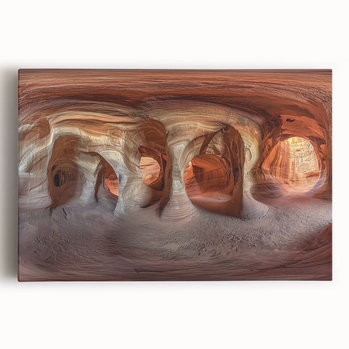 Stretched canvas artwork depicting a serene landscape with caves and dramatic rock formations, featuring earthy tones and intricate details, ideal for home decor.