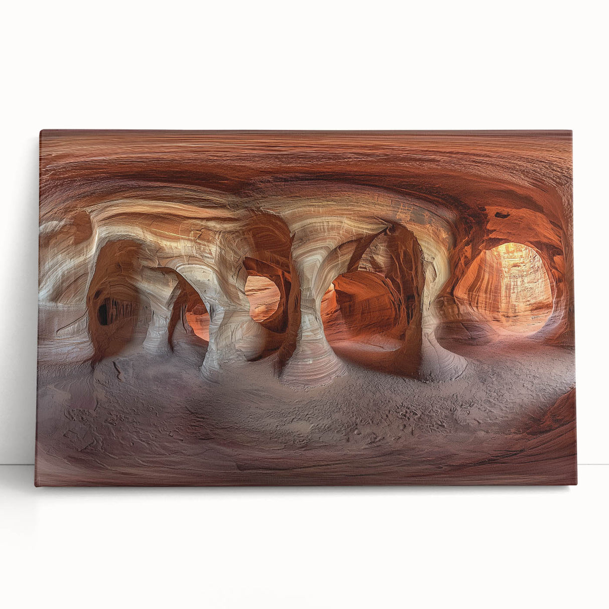 Stretched canvas artwork depicting a serene landscape with caves, showcasing earthy tones and intricate details, perfect for home decor and art enthusiasts.