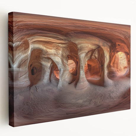 Stretched canvas artwork depicting a vibrant landscape with intricate cave formations, showcasing rich colors and textures, perfect for home decor enthusiasts.