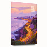 Vibrant acrylic landscape artwork depicting dramatic cliffs in vivid colors, showcased in a sleek glass frame from a side view, ideal for modern decor.