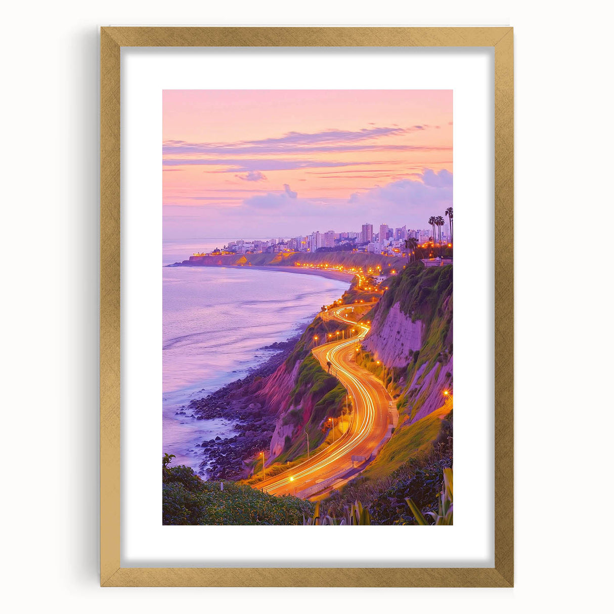 Elegant gold-framed landscape artwork showcasing dramatic cliffs and vibrant colors, designed with a white mat for a sophisticated presentation, ideal for home decor.