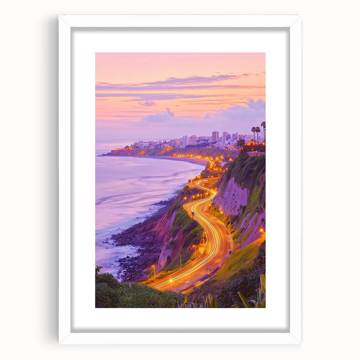 Framed landscape artwork depicting dramatic cliffs in vibrant hues, set against a white mat, ideal for enhancing home decor with a touch of nature's beauty.