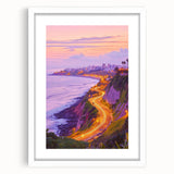 Framed landscape artwork depicting dramatic cliffs in vibrant hues, set against a white mat, ideal for enhancing home decor with a touch of nature's beauty.
