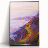 Framed acrylic artwork showcasing a dramatic cliff landscape, featuring bold colors and intricate details, with a sleek black frame enhancing its visual appeal.