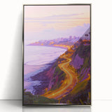 Framed acrylic artwork depicting dramatic cliffs and serene landscapes, featuring a sleek silver frame that enhances its modern aesthetic, perfect for home decor.