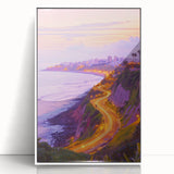 Framed acrylic artwork showcasing a stunning landscape of majestic cliffs against a vibrant sky, with white framing that enhances its modern aesthetic. Perfect for home decor.