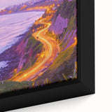 Close-up of a framed canvas depicting a dramatic landscape with towering cliffs, showcasing rich colors and intricate details, perfect for enhancing interior decor. This artwork adds a touch of nature-inspired elegance to any space.