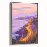 Framed canvas artwork depicting a stunning landscape of cliffs with vibrant colors, featuring a sleek silver frame that enhances the visual appeal, perfect for home decor.