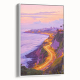 Framed canvas artwork depicting a stunning landscape of cliffs under a vibrant sky, presented in a sleek white frame, ideal for modern home decor.