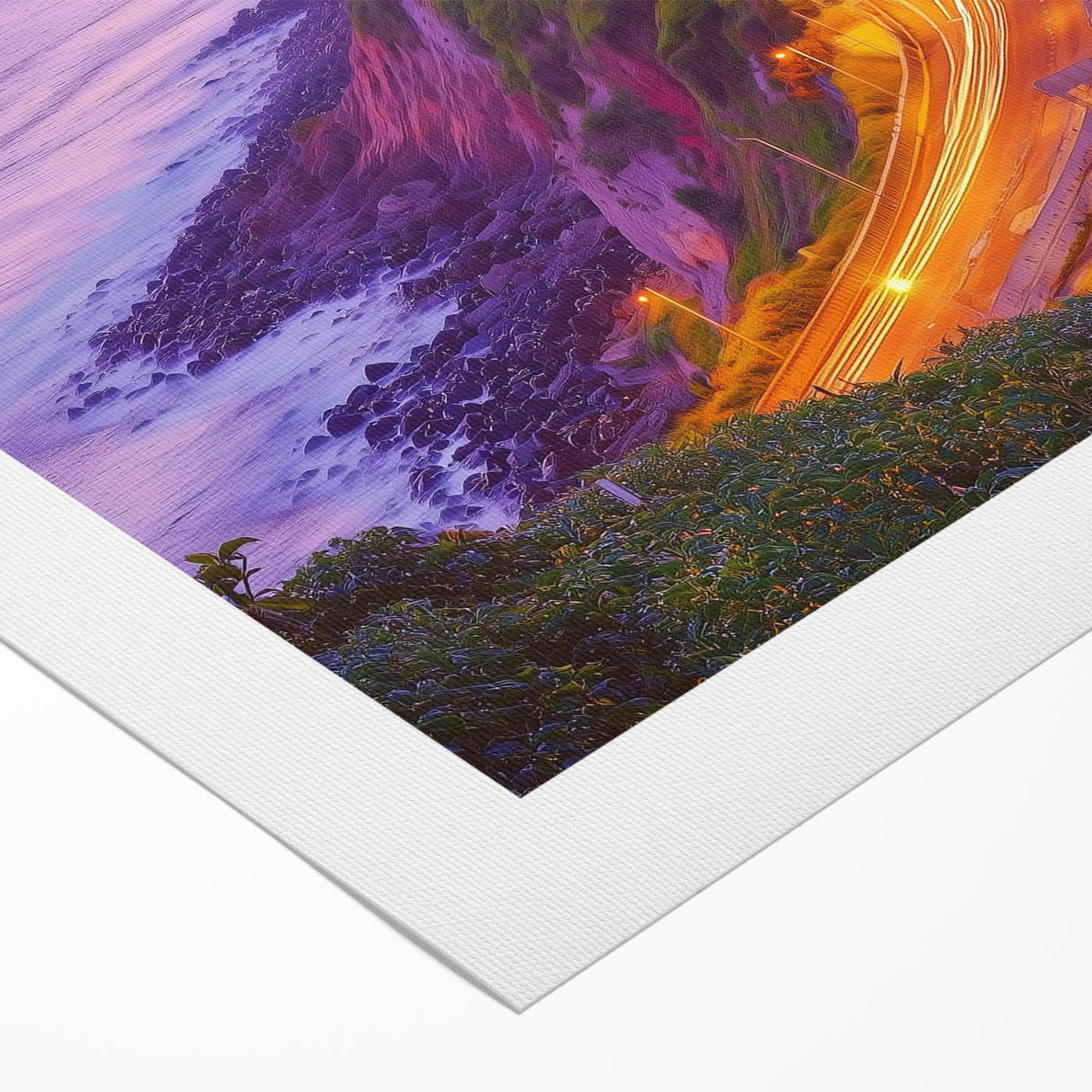 Stunning rolled canvas artwork depicting majestic cliffs and vibrant landscapes, showcasing rich colors and intricate details, ideal for home decor.