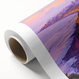 Serene landscape canvas artwork showcasing dramatic cliffs and a vibrant sunset, rolled for easy transport and protection, perfect for home decor.