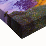 Close-up of a stretched canvas showcasing a vibrant landscape featuring dramatic cliffs, rich textures, and natural earthy tones, ideal for modern home decor.
