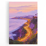 Stretched canvas artwork depicting dramatic cliffs against a vibrant sunset sky, ideal for home decor or office settings. Perfect for nature enthusiasts.