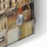 Abstract architectural wall art print featuring intricate geometric designs in vibrant colors, displayed on acrylic glass with a glossy finish, ideal for modern home decor.