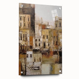Abstract architectural wall art displayed in a side view, featuring vibrant colors and sleek lines, mounted on acrylic glass with decorative pins, enhancing modern decor.