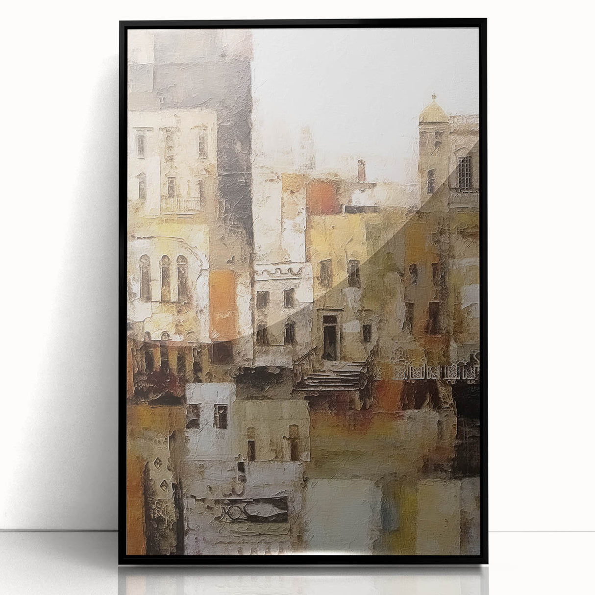 Framed acrylic wall art showcasing an abstract architectural design with bold black lines and shapes, ideal for modern home décor and artistic interior styling.