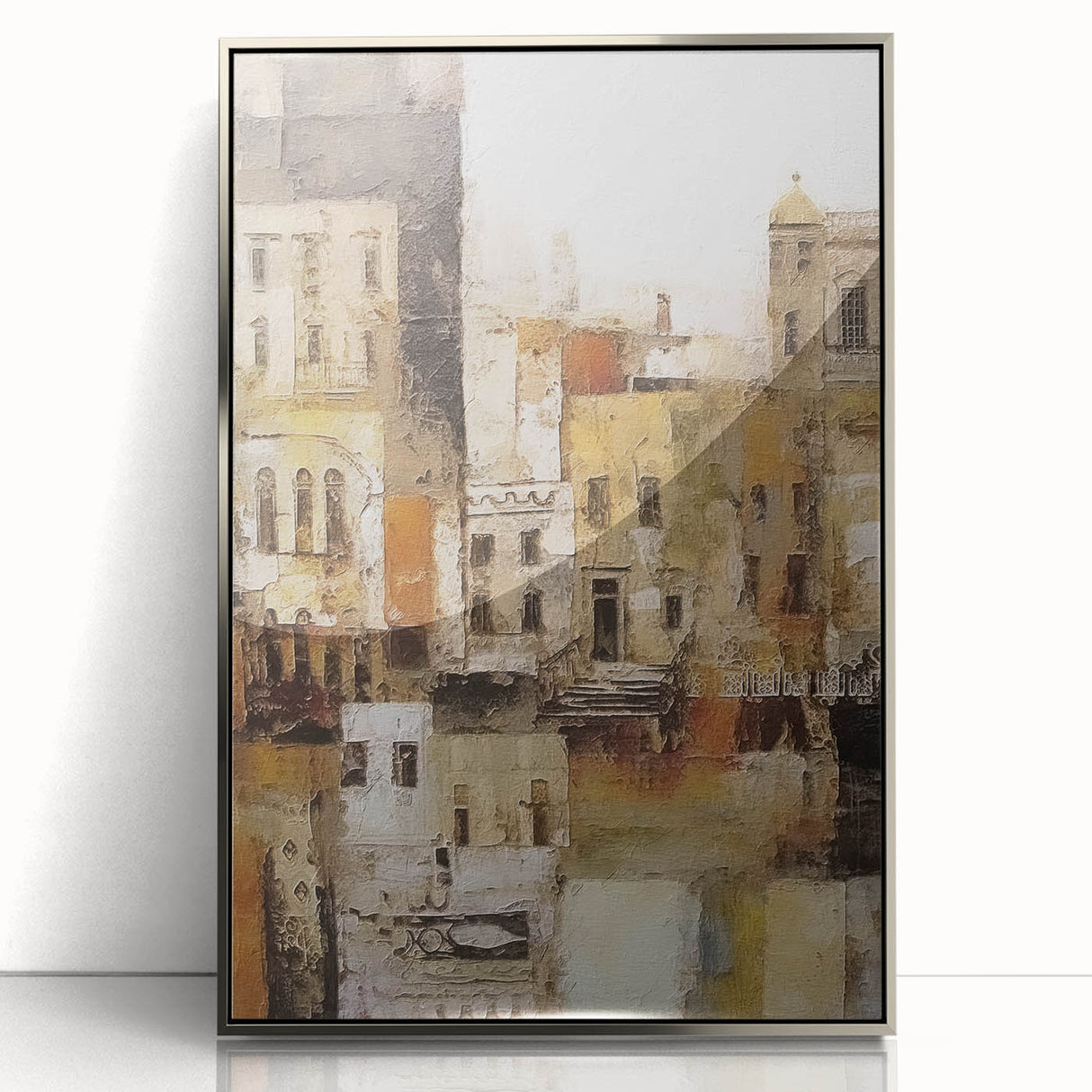Framed abstract architecture wall art in sleek silver acrylic, showcasing geometric shapes and modern design, perfect for contemporary interior decor.