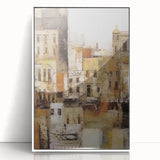 Framed abstract architecture wall art in acrylic with a sleek white frame, showcasing geometric shapes and vibrant colors, ideal for modern home decor.