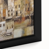 Abstract architectural wall art featuring geometric shapes and vibrant colors, framed in a modern black frame, perfect for contemporary home decor.