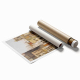 Abstract architectural wall art print showcasing bold geometric shapes in vibrant blue and orange hues, elegantly rolled for easy framing and display.