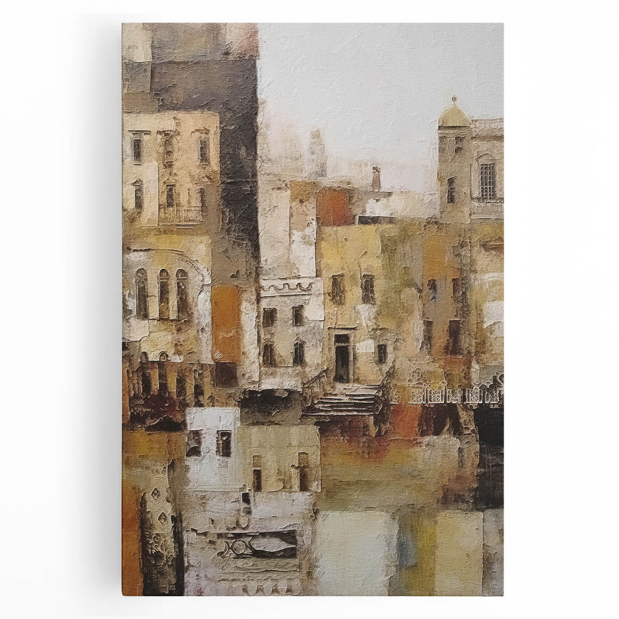 Abstract architectural wall art featuring geometric shapes and vibrant colors, printed on stretched canvas. Ideal for modern home decor, enhancing interiors with a creative touch.