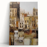 Abstract architectural wall art on stretched canvas, featuring bold geometric shapes and a vibrant color palette, leaning against a textured wall. Perfect for modern decor.