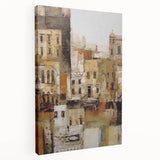 Abstract architectural wall art displayed on stretched canvas, showcasing geometric shapes and vibrant colors, ideal for modern home decor.