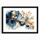 Abstract floral wall art framed in black, showcasing vibrant colors and intricate designs, perfect for modern home decor. Features a stylish mat for added elegance.