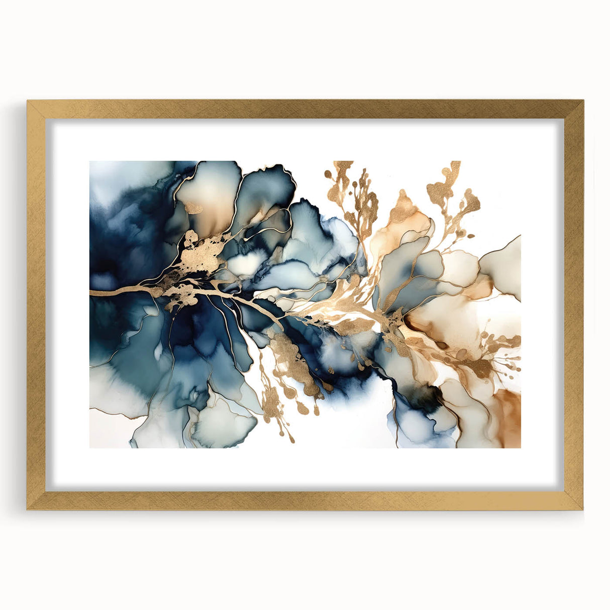 Abstract floral wall art framed in gold, showcasing vibrant colors and intricate designs, ideal for enhancing modern decor in living spaces.