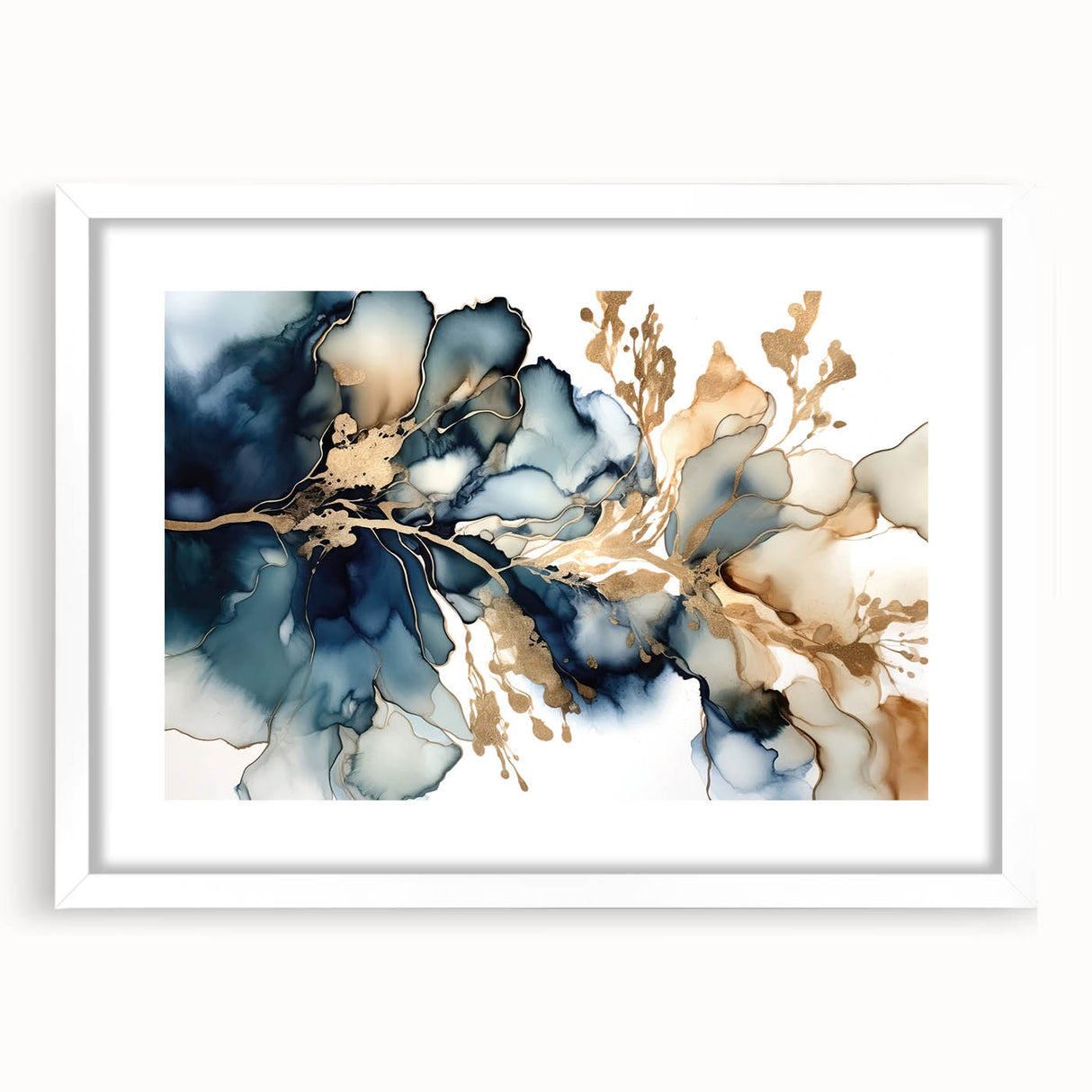 Abstract floral wall art print framed in white matting, showcasing vibrant colors and intricate designs, perfect for modern home decor or gallery walls.