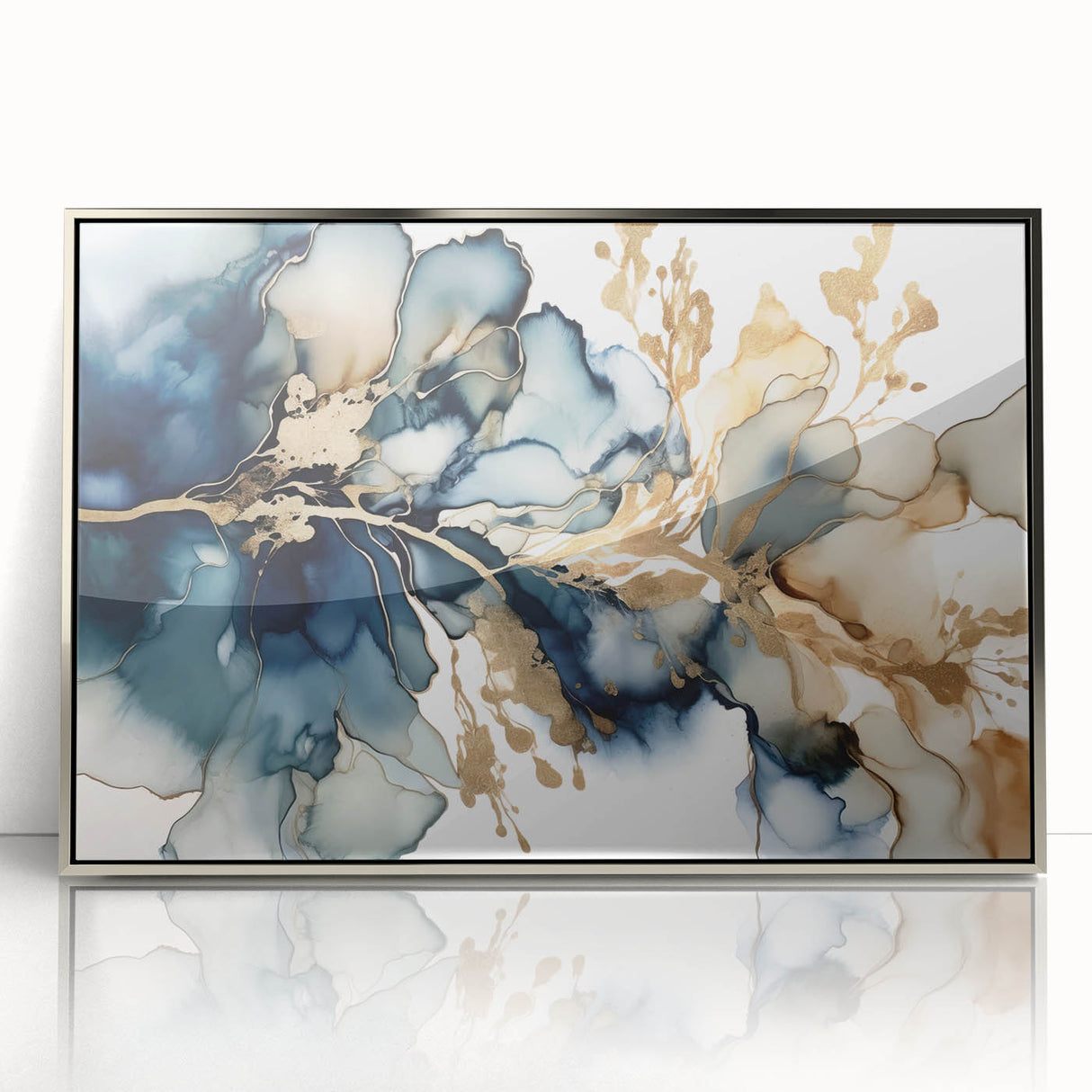 Framed abstract floral wall art featuring vibrant colors and intricate designs, set in a sleek silver frame, perfect for modern home decor.