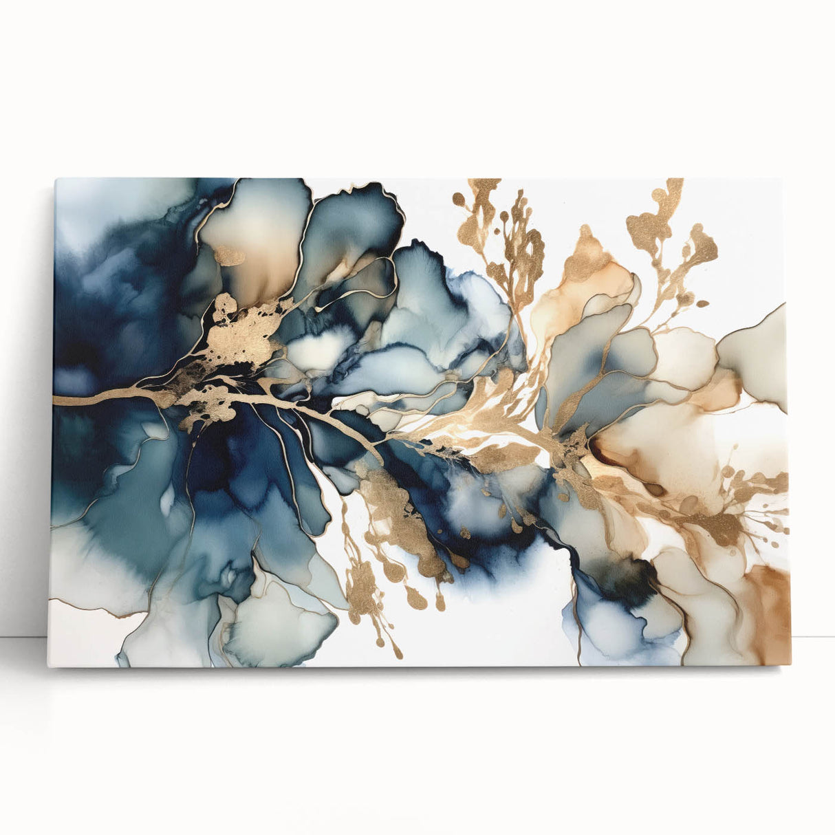 Abstract floral wall art on a stretched canvas, featuring vibrant colors and intricate designs, leaning against a neutral-colored wall, adding a modern touch to home decor.