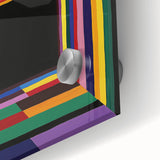 Abstract geometric acrylic glass artwork showcasing vibrant colors and intricate patterns, ideal for modern home decor or artistic displays. The close-up highlights the texture and detail, making it a striking visual element for contemporary interiors.