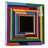 Abstract geometric acrylic glass artwork showcasing vibrant colors and intricate design, viewed from the side with visible mounting pins, ideal for modern decor.