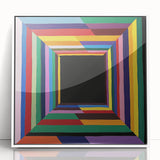 Abstract geometric framed acrylic artwork showcasing a modern design with white accents, ideal for contemporary home decor. Perfect for adding a stylish touch to any room.