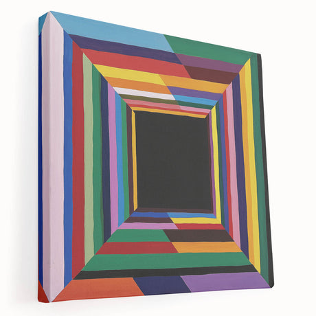 Abstract geometric stretched canvas art in vibrant colors, showcasing intricate patterns and shapes, displayed from a side view to highlight depth and texture. Ideal for modern home decor and art enthusiasts seeking unique wall art pieces.