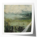 Abstract landscape wall art print showcasing vibrant hues of blue, green, and gold, designed to enhance modern home decor aesthetics. Perfect for living rooms or offices.