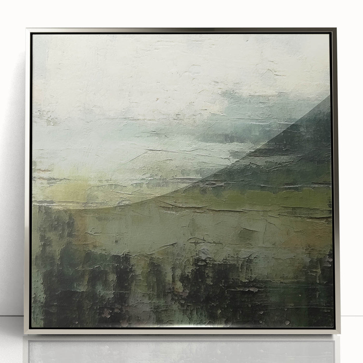 Framed abstract landscape wall art in silver acrylic, showcasing vibrant colors and intricate patterns, ideal for modern home decor and stylish interiors.