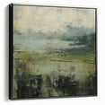 Framed abstract landscape wall art showcasing a minimalistic design in muted tones, featuring a sleek black frame, ideal for modern home decor.