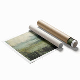 Abstract landscape wall art print showcasing vibrant blue and green hues, featuring dynamic shapes and textures, rolled and ready for framing or display.