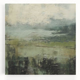 Abstract landscape wall art on stretched canvas showcasing vibrant hues of blue, green, and gold, designed to enhance modern home decor with a serene aesthetic.