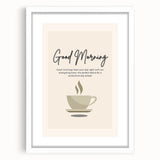 Abstract art print featuring swirling blue and white patterns on a framed white mat, ideal for dining room decor.