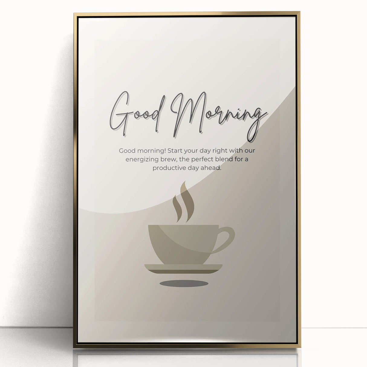 Large art print of a mid-century modernist food and drink motif in muted gold tones, framed acrylic.