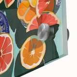 Large abstract wall art featuring assorted fruits in vibrant colors on acrylic glass, ideal for dining room decor.