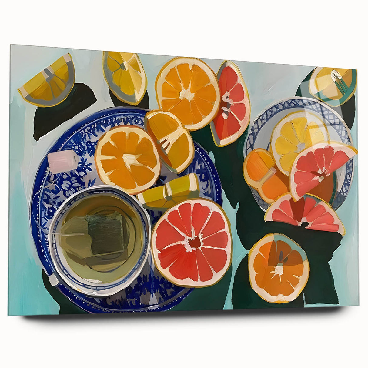 Acrylic print of large abstract fruits in vibrant colors, ideal for bedroom or dining room decor.